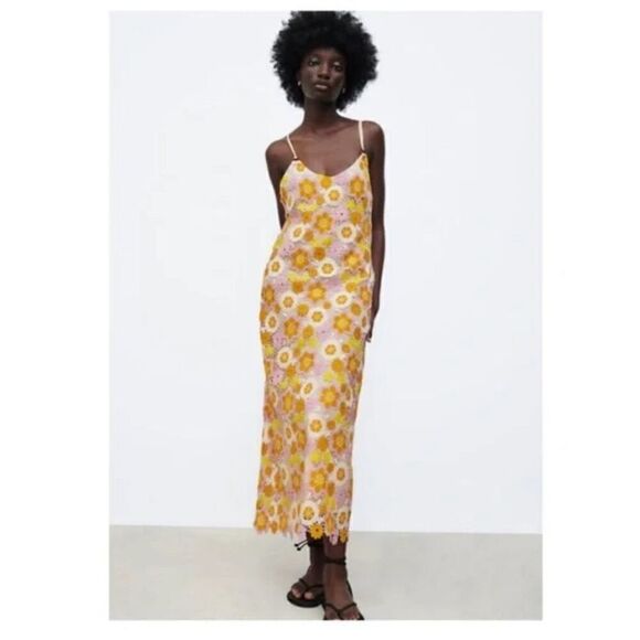 Zara floral Crochet midi dress M - Picture 1 of 15